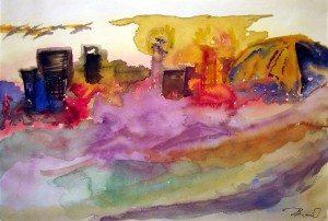 Akvarel af tvivlsom skyline – Peder Brandt